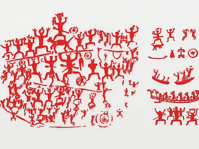 Traditional Red Wall Decor With Dancing Figures Rowing Boats And Symbols 3d model