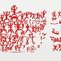Traditional Red Wall Decor With Dancing Figures Rowing Boats And Symbols