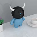 Blue Cartoon Clock Figure With White Horns Purple Flowers And Green Plants