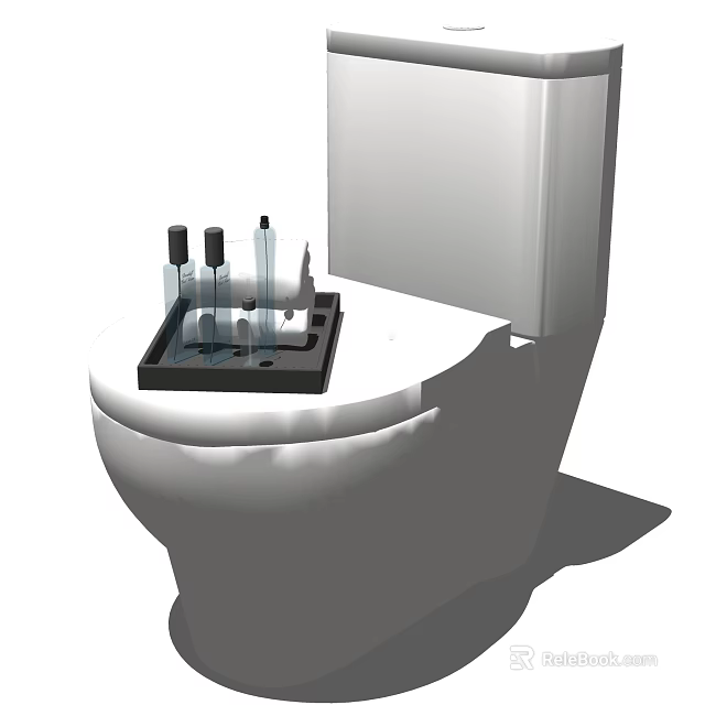Modern White Toilet With Black Tray Holding Bottles On Closed Seat 3d model 