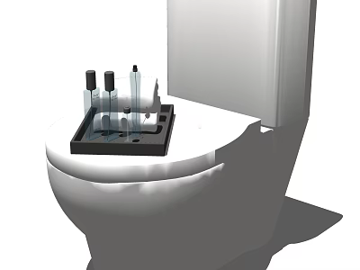 Modern White Toilet With Black Tray Holding Bottles On Closed Seat 3d model