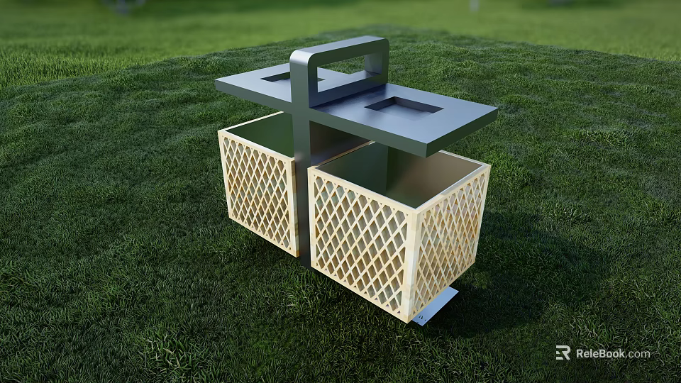 Outdoor Public Trash Bin With Black Top And Lattice Baskets On Green Grass 3d model 