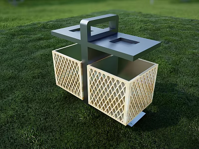 Outdoor Public Trash Bin With Black Top And Lattice Baskets On Green Grass 3d model
