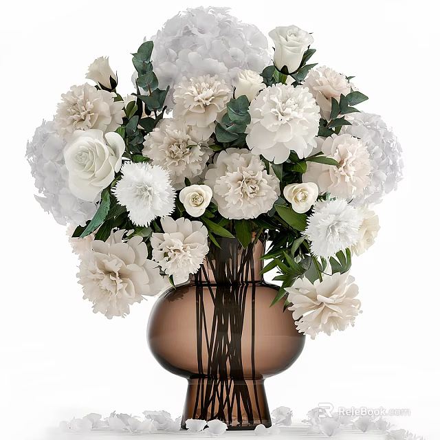 Elegant Brown Vase With White Roses Carnations Hydrangeas And Green Leaves 3d model 