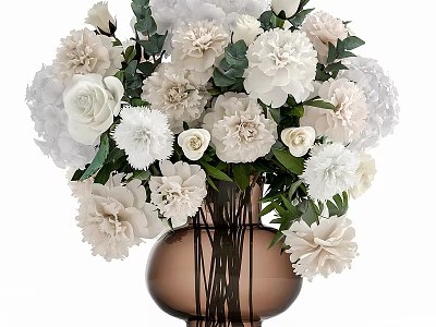 Elegant Brown Vase With White Roses Carnations Hydrangeas And Green Leaves 3d model
