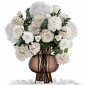 Elegant Brown Vase With White Roses Carnations Hydrangeas And Green Leaves