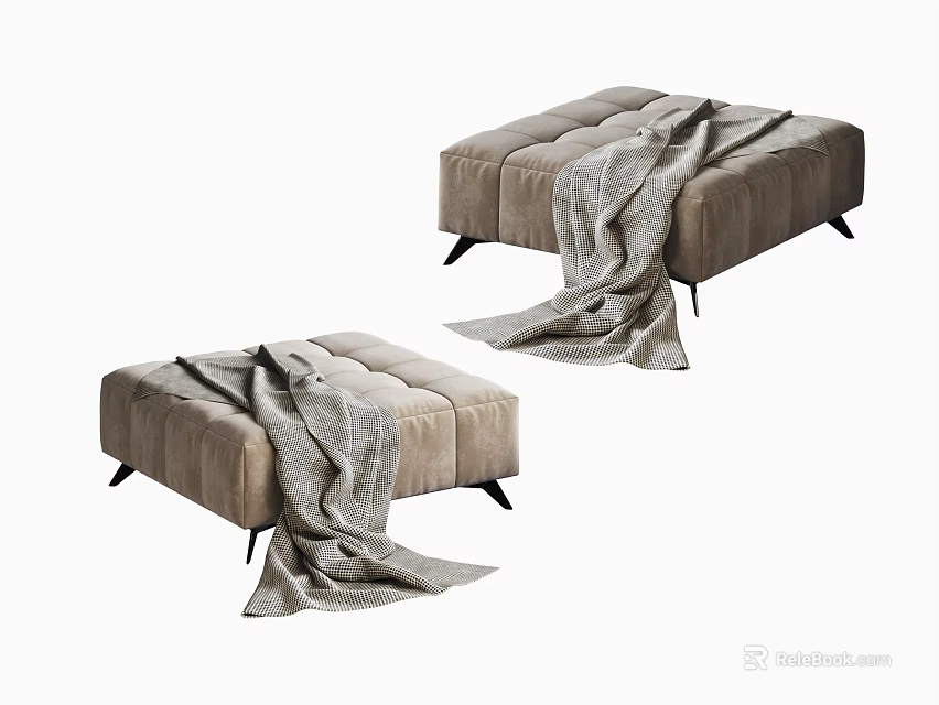 Two Modern Beige Upholstered Ottomans with Black Legs and Gray Blanket 3d model 