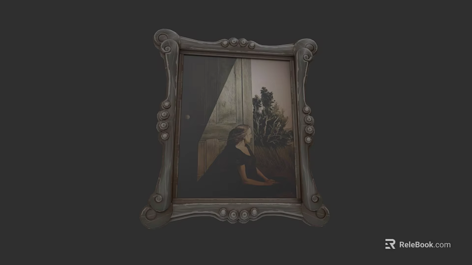 Ornate Framed Oil Painting Featuring Woman in Black Looking at Half Open Door With Trees 3d model 