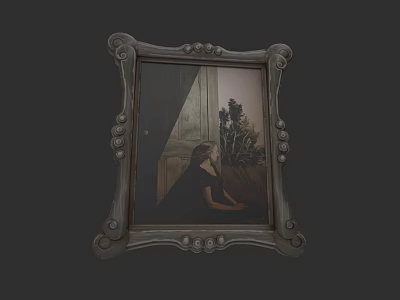 Ornate Framed Oil Painting Featuring Woman in Black Looking at Half Open Door With Trees 3d model