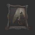 Ornate Framed Oil Painting Featuring Woman in Black Looking at Half Open Door With Trees