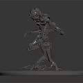 Metallic Mechanical Creature Figure With Skeletal Elongated Limbs On Round Platform