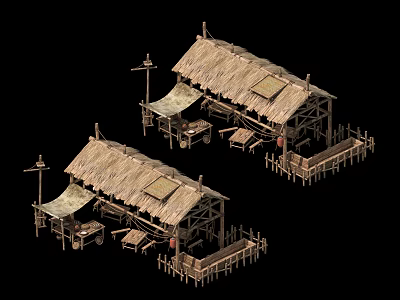 Classic Thatched Roof Houses Featuring Wooden Frames And Rural Outdoor Settings 3d model