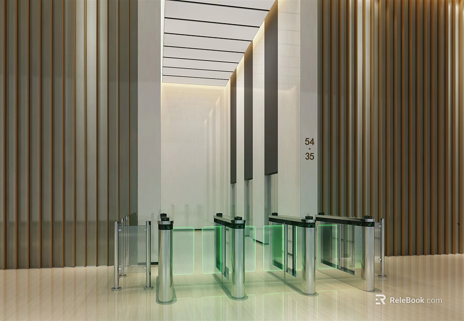 Modern Reception Area With Glass Turnstiles Bright Lighting And Wooden Panel Walls Design 3d model 