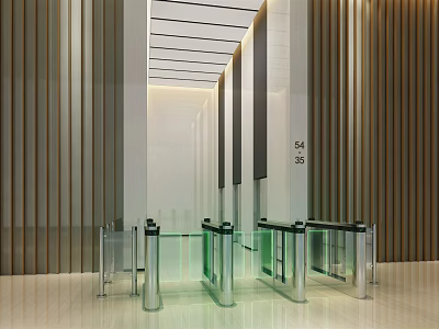 Modern Reception Area With Glass Turnstiles Bright Lighting And Wooden Panel Walls Design 3d model