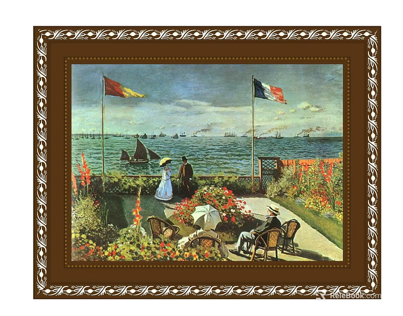 Colorful Seaside Garden Oil Painting With Figures Flags Flowers And Chairs 3d model 