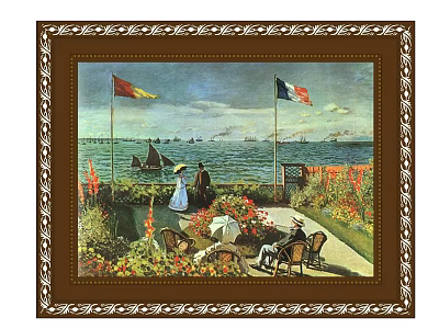 Colorful Seaside Garden Oil Painting With Figures Flags Flowers And Chairs 3d model