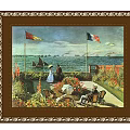 Colorful Seaside Garden Oil Painting With Figures Flags Flowers And Chairs
