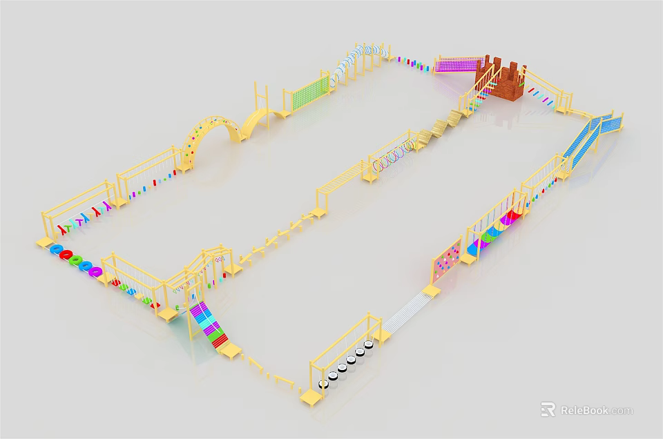Colorful Playground Equipment With Slides Climbing Nets And Safety Fences 3d model 