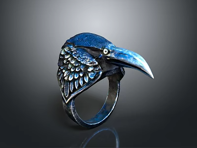 Hardware Crafted Raven Head Ring Blue Metal Design With Feather Details 3d model