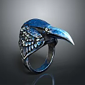 Hardware Crafted Raven Head Ring Blue Metal Design With Feather Details