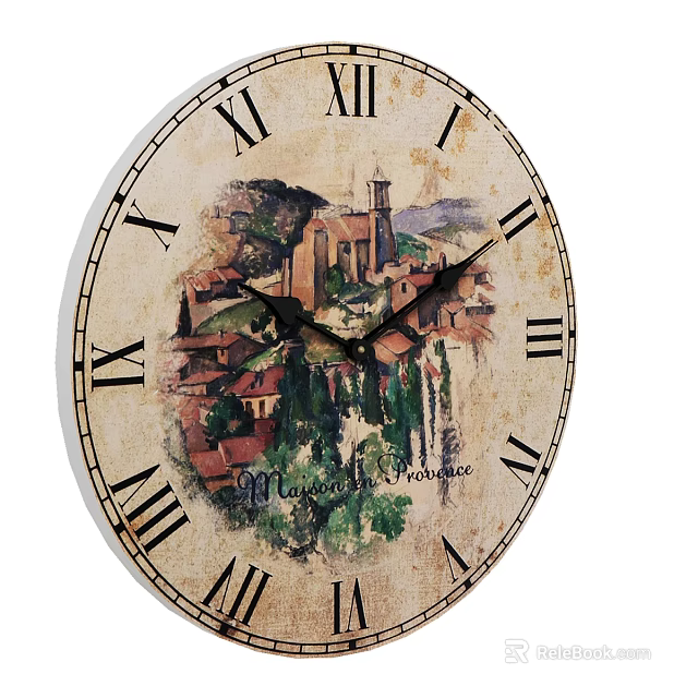 Vintage Decorative Ornament Set With Round Clock Roman Numerals And Rural Landscape Painting Montagnola Provence 3d model 