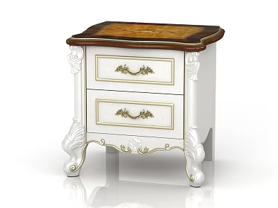 Elegant Classical Bedside Table With Two Drawers Gold Handles Brown Top And Carved Legs 3d model