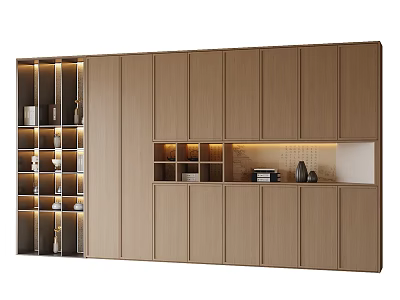 Modern Wooden Bookcase Design With Open Shelves Integrated Lighting And Cabinet Doors 3d model