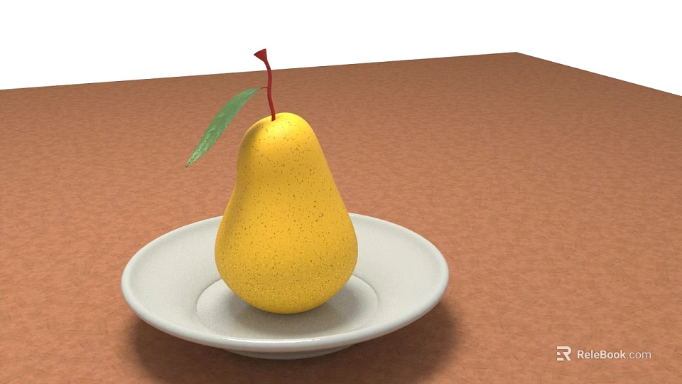 Fresh Yellow Pear With Green Leaf And Red Stem On White Plate 3d model 