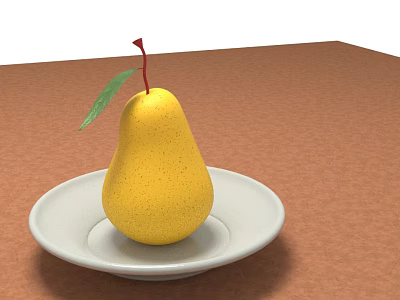 Fresh Yellow Pear With Green Leaf And Red Stem On White Plate 3d model