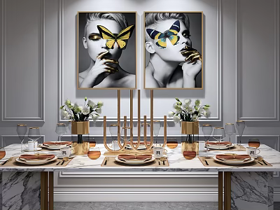 Elegant Tableware Set On Modern Dining Table With Flowers Candle Holders And Butterfly Decor 3d model