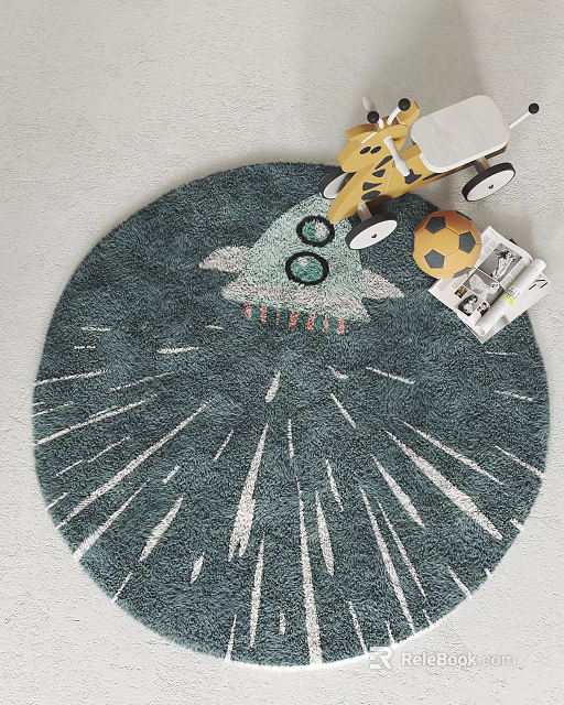 Round Teal Rug With Rocket Burst Pattern And Playful Accents 3d model 