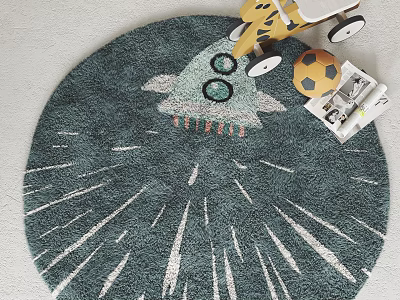 Round Teal Rug With Rocket Burst Pattern And Playful Accents 3d model