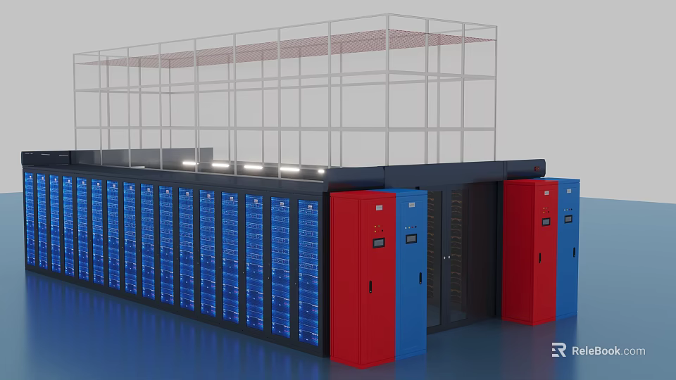 Data Center Computer Server Racks With Blue Red Black Cabinets And Metal Frame 3d model
