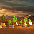 Outdoor Desert Tea Break Area With Sunset Campfire White Folding Chairs And Cacti Silhouettes