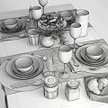 Elegant Tableware Set With White Bowls Plates Blue Placemats Glassware Bread Jars And Decorative Plants