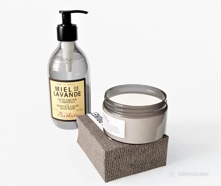 Artisanal Decorative Bathroom Accessories with Lavender Pump Bottle and Jar on Textured Mat 3d model 