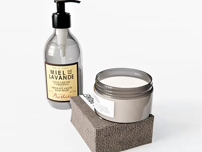 Artisanal Decorative Bathroom Accessories with Lavender Pump Bottle and Jar on Textured Mat 3d model