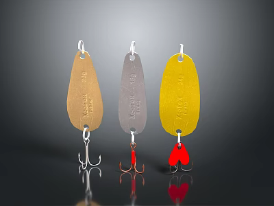 Daily Use Items Three Colored Gold Silver And Yellow Shiny Fishing Lures With Metal Hooks 3d model