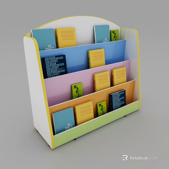Colorful Multi Tiered Bookcase With Assorted Colored Books On Display Shelves 3d model