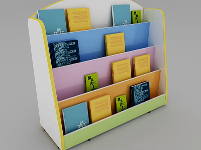 Colorful Multi Tiered Bookcase With Assorted Colored Books On Display Shelves 3d model