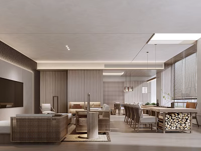 Modern Clubhouse Interior With Sofa Dining Table And Wooden Details 3d model