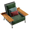 Green Upholstered Single Sofa with Wooden Armrests Red Blue Cushions and Metal Legs