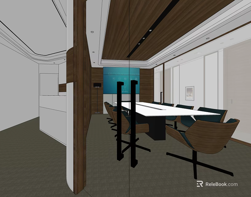 Modern Meeting Room Interior With Long Table Wooden Ceiling Blue Wall And Glass Partitions 3d model 