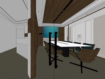 Modern Meeting Room Interior With Long Table Wooden Ceiling Blue Wall And Glass Partitions 3d model