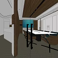 Modern Meeting Room Interior With Long Table Wooden Ceiling Blue Wall And Glass Partitions