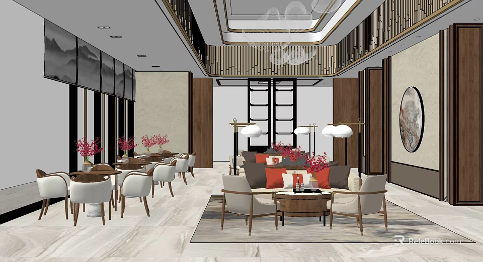 Elegant Hotel Public Lounge Interior With Sofas Coffee Tables And Decorative Plants 3d model