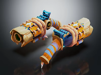 Colorful Double Barrel Weapon With Blue Orange Yellow Details And Mechanical Design 3d model