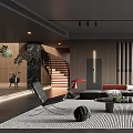 Modern Living Room Interior With Grey Sofa Coffee Table Striped Rug And Decorative Plants