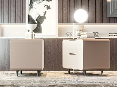 Two Modern Beige And White Bedside Tables With Drawers Table Lamps Books On Wooden Wall 3d model