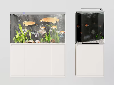 Elegant Aquarium Fish Tanks With Goldfish Small Fish Aquatic Plants And White Cabinets 3d model